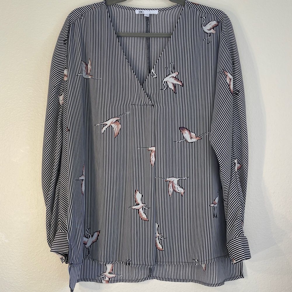 DR2 Sandhill Crane Blouse Striped Bird Print Long Sleeve L